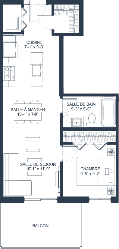 Floor plan for 1 bed, 1 bath, 623 sqft